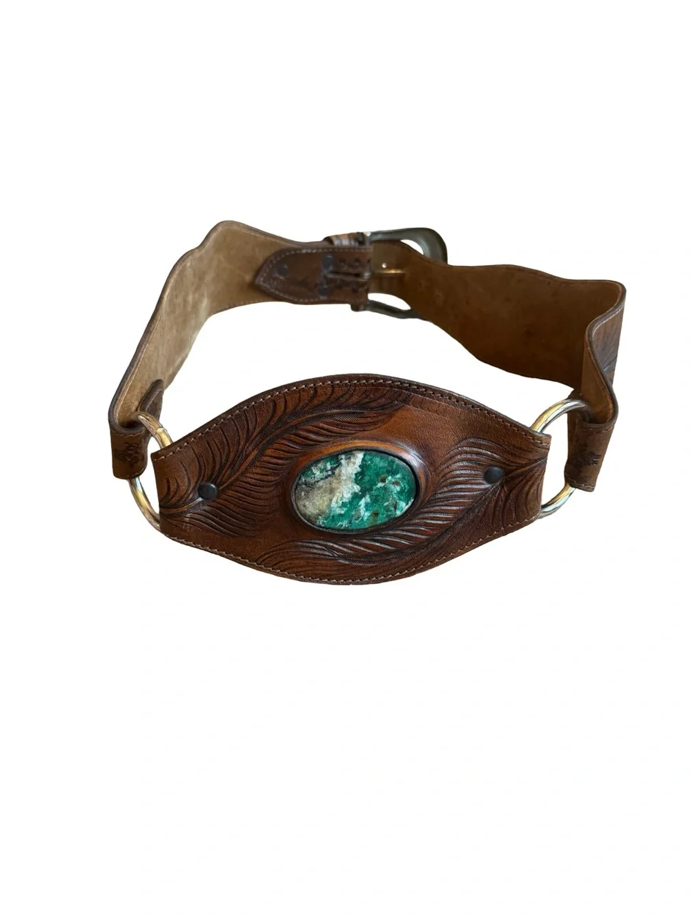 Buffalo Co. Brown Leather Belt Embossed Floral Stamped Unique Turquoise Women's
